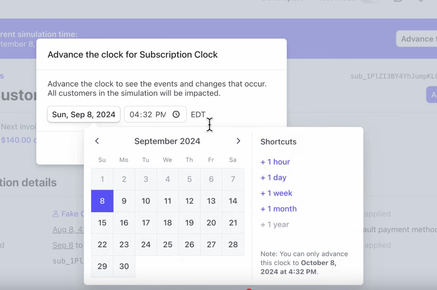 Advance time stripe dashboard